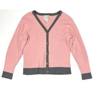 Stitches in Time Sweater Women's Large Pink Cardigan Button Up Long Sleeve